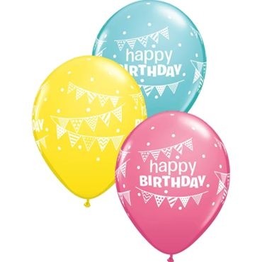 Qualatex Latexballon Birthday Pennants & Dots Assorted Caribbean Blue, Rose & Yellow 28cm/11" 25 Stück