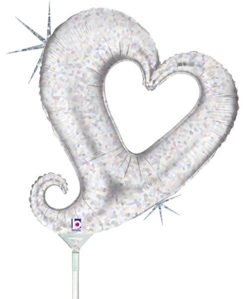 Grabo Folienballon Chain of Hearts Silver Holographic Mini 35cm/14" luftgefüllt mit Stab