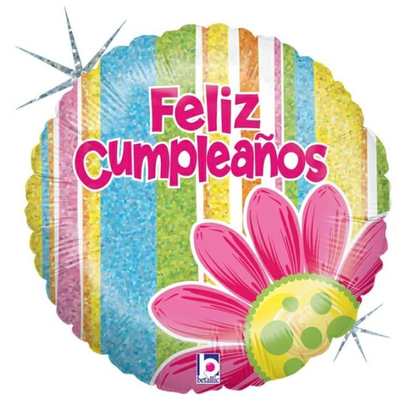 Betallic Folienballon Feliz Cumpleaños Flor y Franjas Holo 46cm/18"