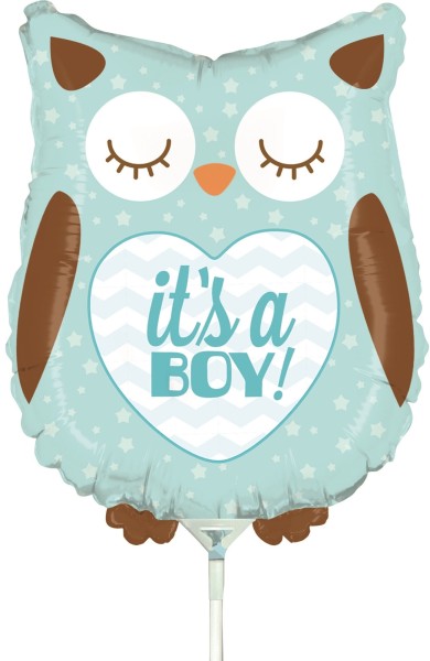 Betallic Folienballon Baby Boy Owl Mini 35cm/14" luftgefüllt mit Stab