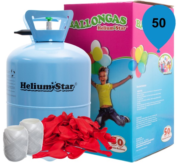 Luftballon Helium Set: Helium & 50 Rote Latex-Herzballons & Polyband