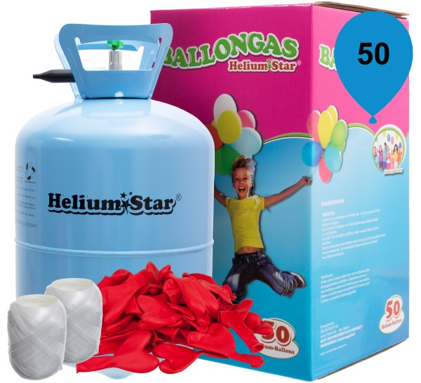 Luftballon Helium Set: Helium & 50 Rote Latex-Herzballons & Polyband