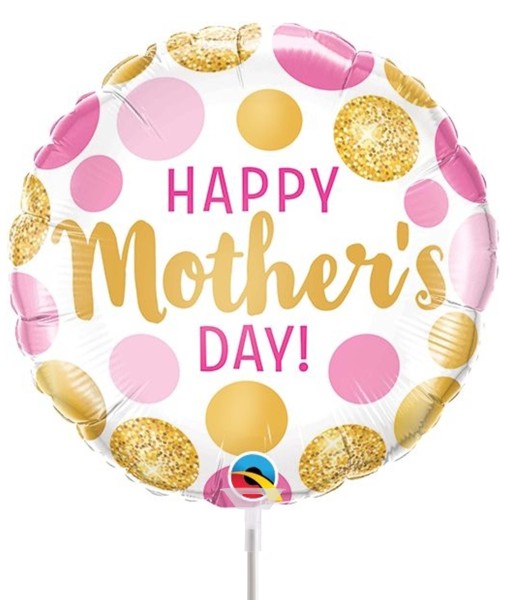 Qualatex Folienballon Happy Mother's Day Pink & Gold Dots 23cm/9" luftgefüllt mit Stab