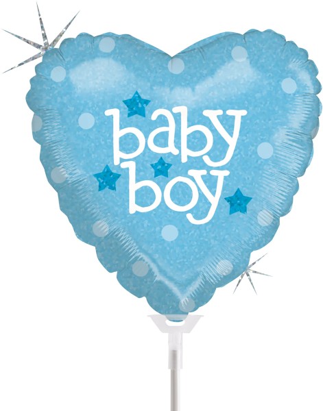Betallic Folienballon Baby Heart Boy Holographic 23cm/9" luftgefüllt mit Stab