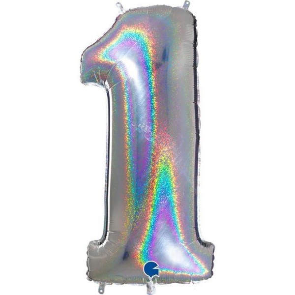 Grabo Folienballon Zahl 1 Glitter Holographic Silver 100cm/40"