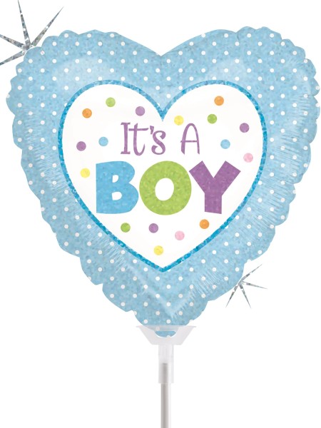 Betallic Folienballon Baby Boy Dots Holographic 23cm/9" luftgefüllt mit Stab