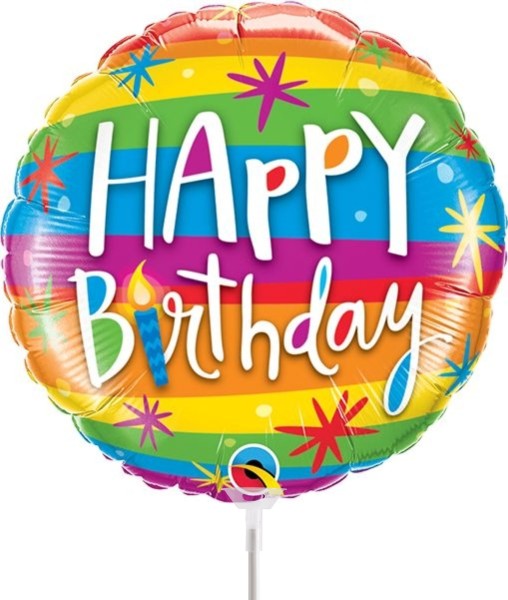 Qualatex Folienballon Happy Birthday Rainbow 23cm/9" luftgefüllt mit Stab