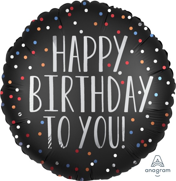 Anagram Folienballon Rund Satin "Happy Birthday Tou You" Black & Dots 45cm/18"