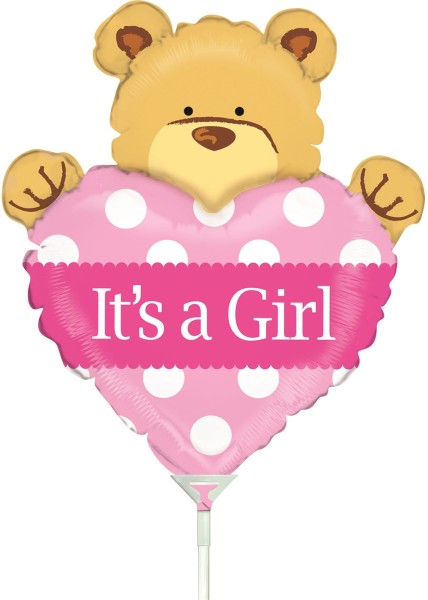 Betallic Folienballon Mini Big Heart Bear Girl 35cm/14" luftgefüllt mit Stab