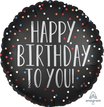 Anagram Folienballon Rund Satin 30cm Durchmesser "Happy Birthday Tou You" Schwarz & Punkte (Black & Dots)