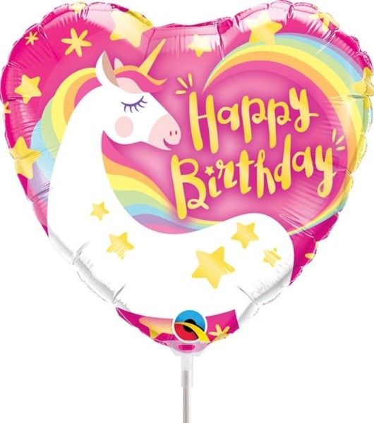 Qualatex Folienballon Birthday Magical Unicorn Heart 23cm/9" luftgefüllt inkl. Stab