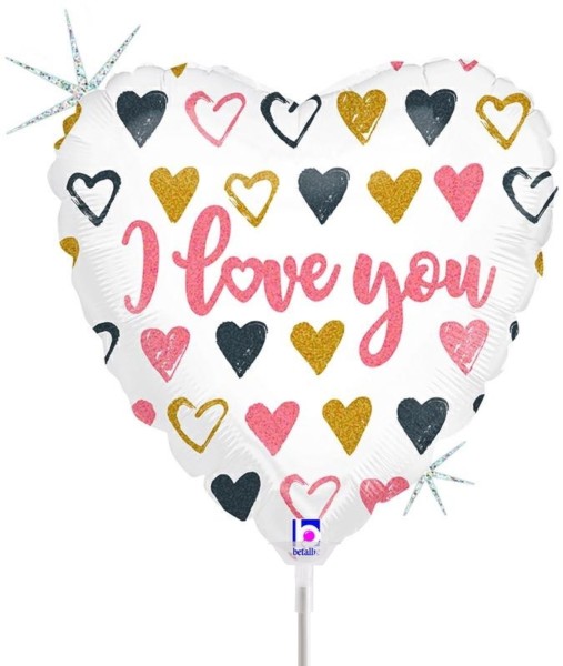 Betallic Folienballon Rose Gold Heart I Love You Glitter Holographic 23cm/9" luftgefüllt mit Stab