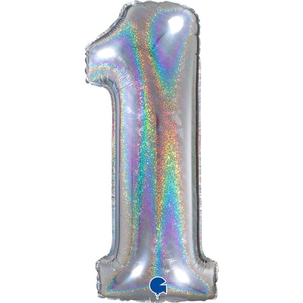 Grabo Folienballon Zahl 1 Glitter Holographic Silver 66cm/26"