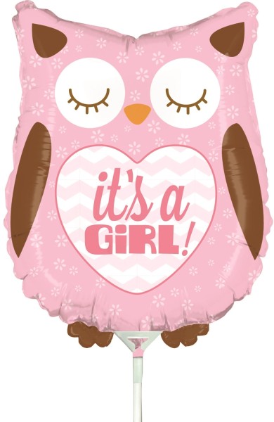 Betallic Folienballon Baby Girl Owl Mini 35cm/14" luftgefüllt mit Stab