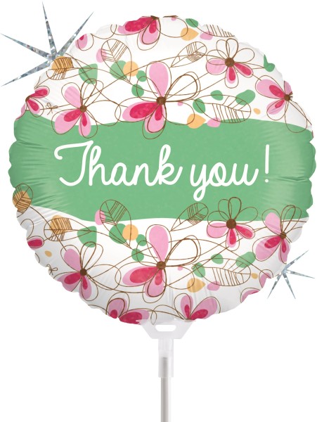 Betallic Folienballon Floral Thank You Holographic 23cm/9" luftgefüllt mit Stab