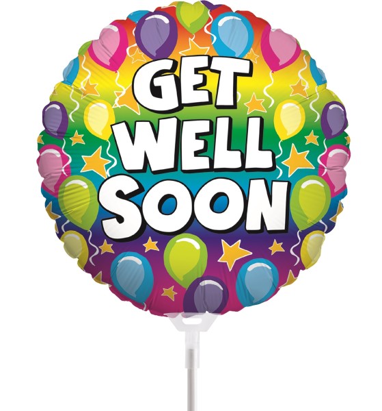 Betallic Folienballon Rainbow Get Well 23cm/9" luftgefüllt mit Stab