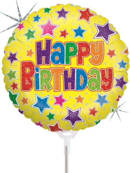 Betallic Folienballon Bold Stars Birthday Holographic 23cm/9" luftgefüllt mit Stab