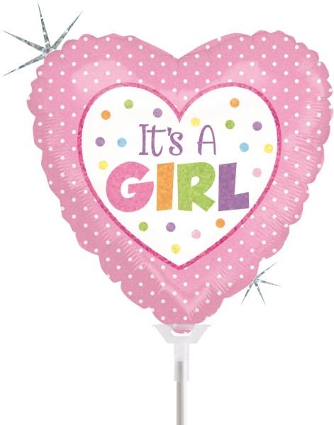 Betallic Folienballon Baby Girl Dots Holographic 23cm/9" luftgefüllt mit Stab