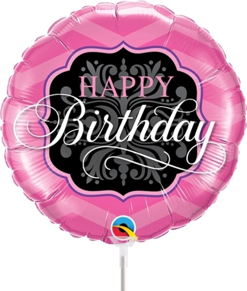 Qualatex Folienballon Birthday Pink & Black 23cm/9" luftgefüllt mit Stab