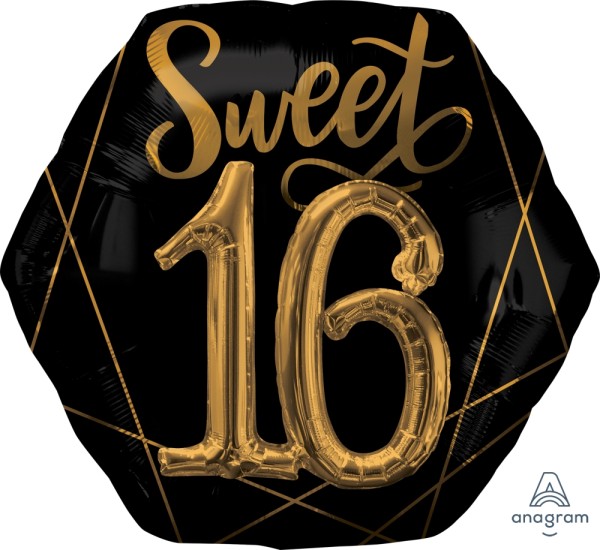Anagram Folienballon "Sweet 16" Schwarz & Gold 75cm/30"