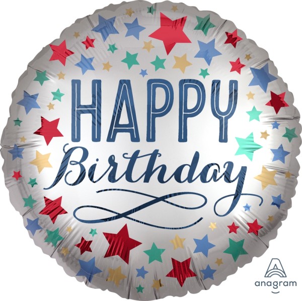 Anagram Folienballon Satin "Happy Birthday" Silver & Stars 45cm/18"