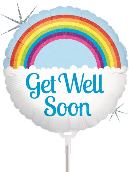 Betallic Folienballon Get Well Soon Rainbow Holographic 23cm/9" luftgefüllt mit Stab