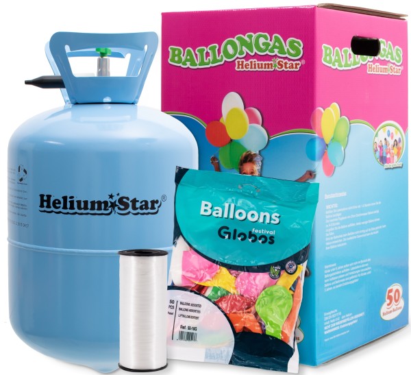 Helium Ballongas Set: Helium & 50 Bunte Latexballons (Ø 25cm) & Polyband
