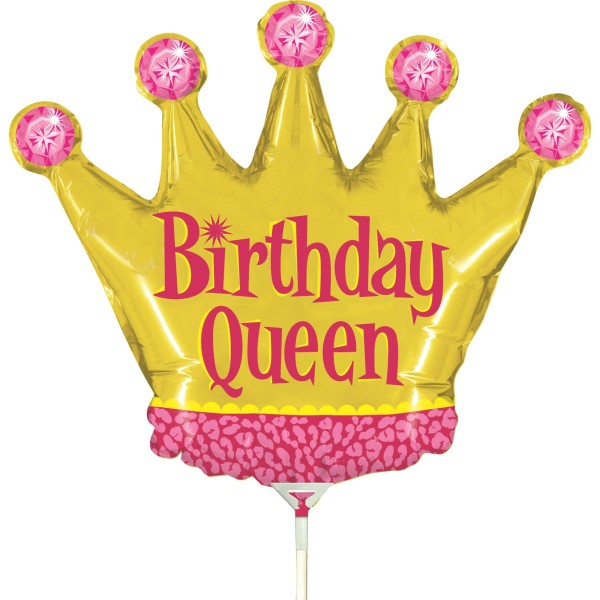 Betallic Folienballon Birthday Queen Mini 35cm/14" luftgefüllt mit Stab