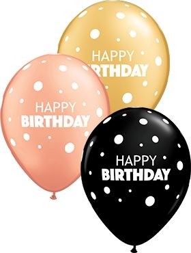 Qualatex Latexballon Birthday Big & Little Dots Assorted Gold, Onxy Black & Rose Gold 28cm/11" 25 Stück