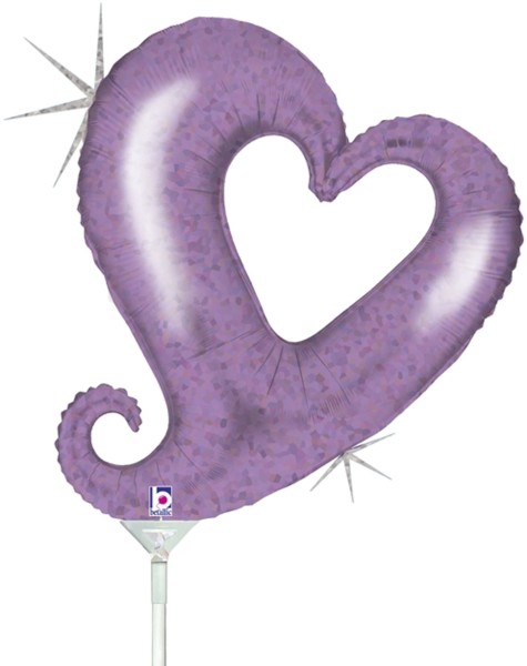 Grabo Folienballon Chain of Hearts Lavander Holographic Mini 35cm/14" luftgefüllt mit Stab