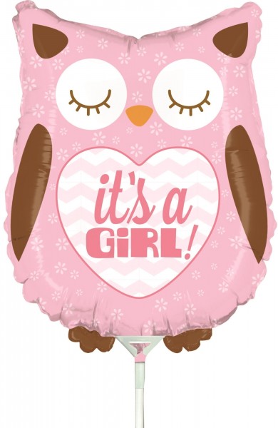 Betallic Folienballon Baby Girl Owl Mini 35cm/14" luftgefüllt inkl. Stab