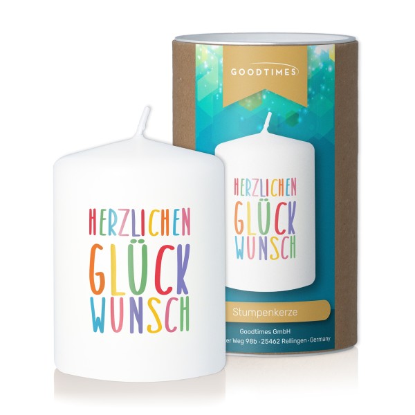 Goodtimes Stumpenkerze Weiß, Text Bunt "Herzlichen Glückwunsch"