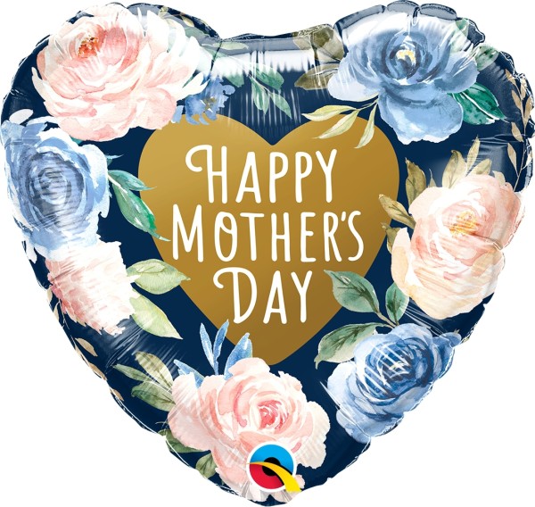Qualatex Folienballon Heart "Happy Mother's Day" Pink & Blue Roses 45cm/18"