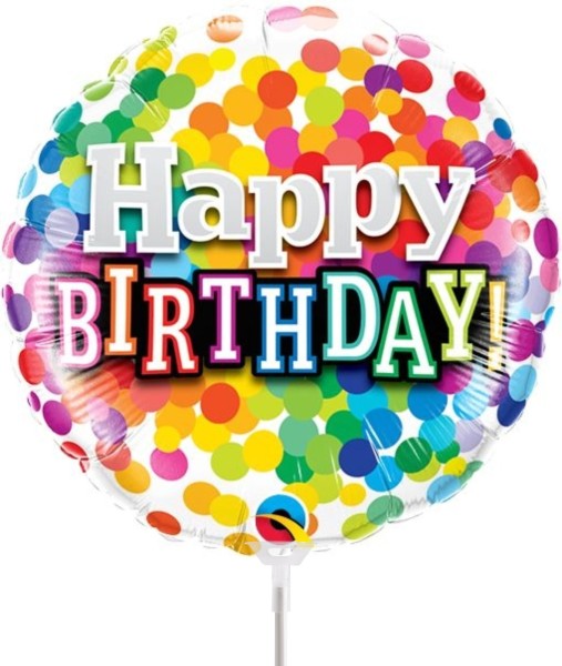 Qualatex Folienballon Birthday Rainbow Confetti 23cm/9" luftgefüllt mit Stab