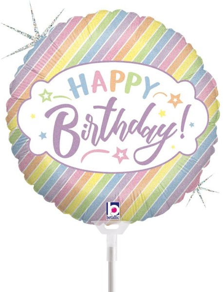 Betallic Folienballon Pastel Birthday 23cm/9" luftgefüllt mit Stab