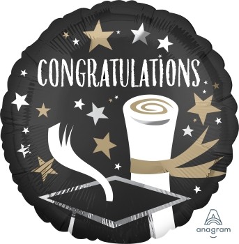 Anagram Folienballon Satin 30cm Durchmesser "Congratulations" Schwarz & Sterne (Black & Stars)