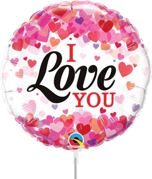 Qualatex Folienballon I Love You Confetti Hearts 23cm/9" luftgefüllt mit Stab