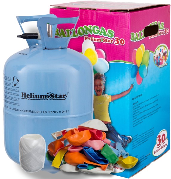 Helium Ballongas Set: Helium, 30 Bunte Latexballons (Ø 25cm) & Polyband