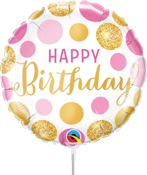 Qualatex Folienballon Birthday Pink & Gold Dots 23cm/9" luftgefüllt mit Stab