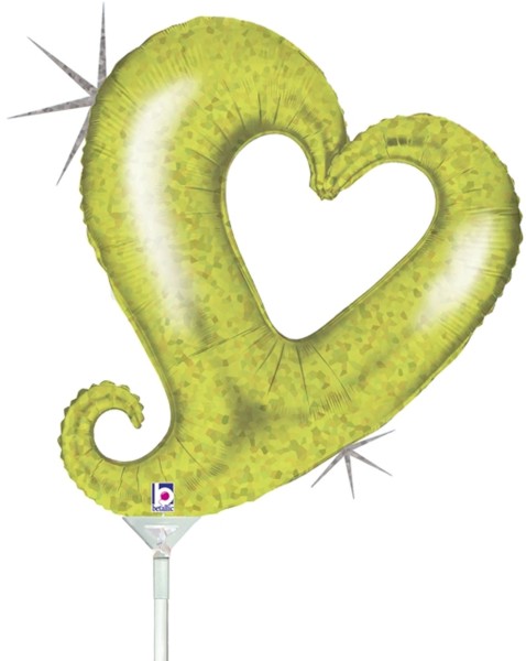 Grabo Folienballon Chain of Hearts Lime Green Holographic Mini 35cm/14" luftgefüllt mit Stab