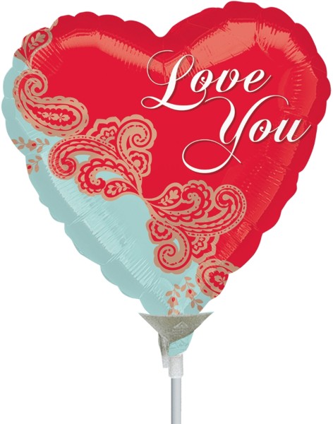 Anagram Folienballon Paisley Love 23cm/9" luftgefüllt mit Stab